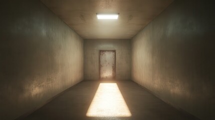A dark, empty hallway with a door in the middle