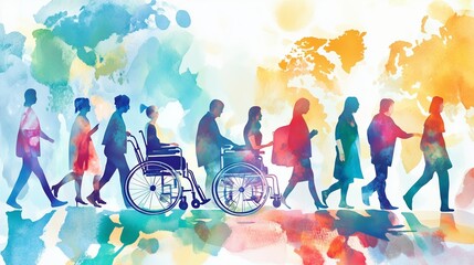 International Day of Persons with Disabilities. 
A colourful poster design. 
Colourful art watercolour painting.
