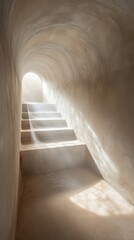 A narrow, white staircase leads to a small room with a window