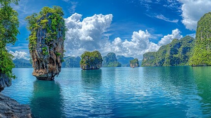 Obraz premium A beautiful blue ocean with a few islands in the distance