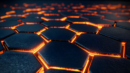 Fototapeta premium Hexagonal abstract metal background with orange light
