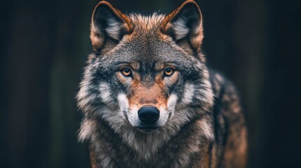 Fototapeta premium A scary wolf's face against a dark backdrop.