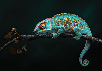 Fototapeta premium Macro Shot of Vibrant Chameleon on Branch – Nature and Wildlife