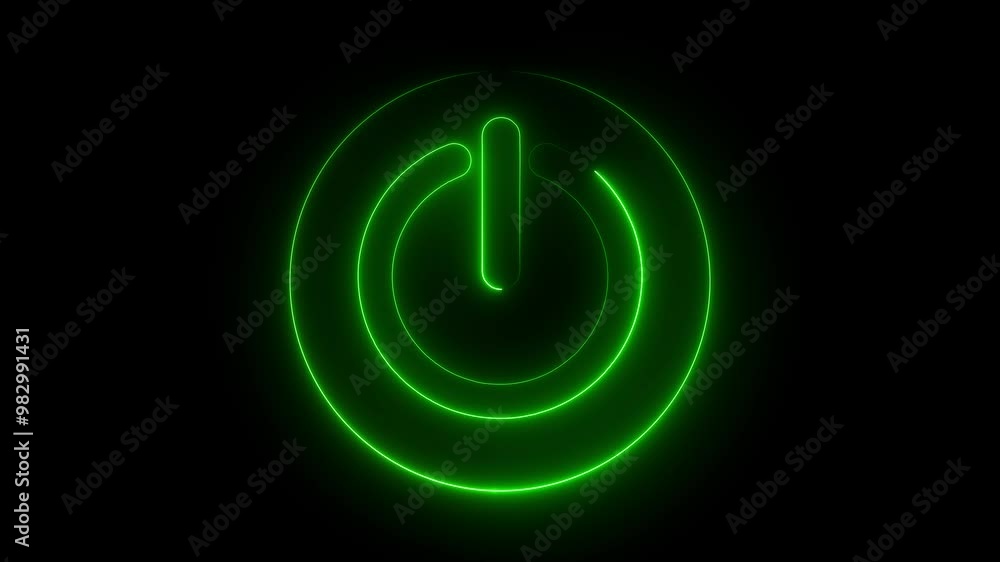 Poster neon glowing power button icon animated on black background ,the appearance of neon symbol power on 