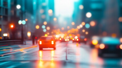 Rainy evening in bustling city streets, cars with glowing taillights navigate wet roads amid towering skyscrapers and shimmering bokeh lights.