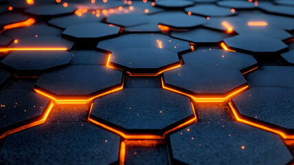Fototapeta premium Hexagonal abstract metal background with orange light