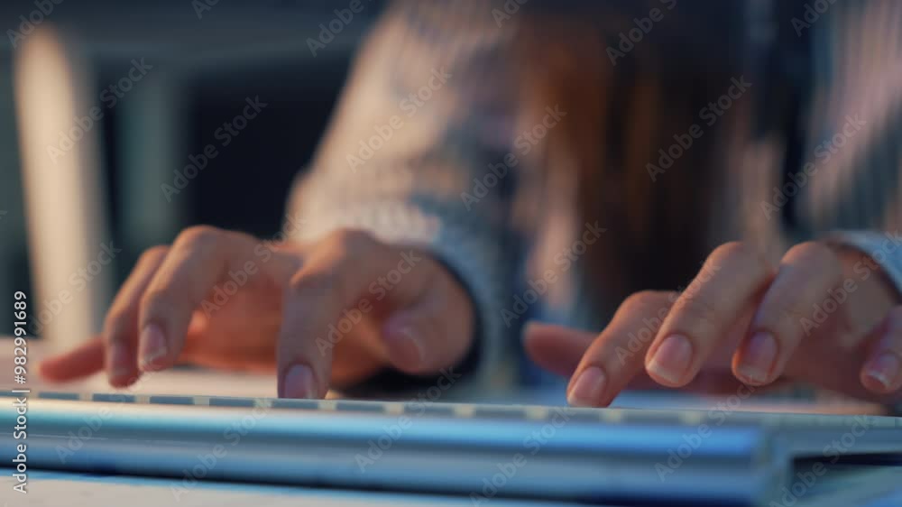 Poster close up of a woman's hands typing rapidly on a keyboard in an office environment. the scene capture