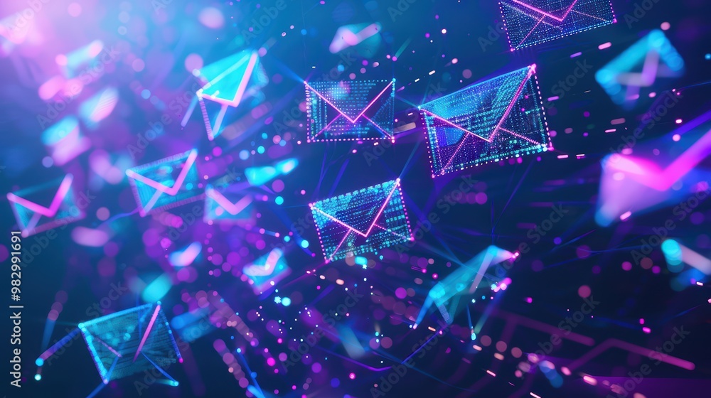 Poster a vibrant digital background featuring glowing email icons and data elements, symbolizing communicat