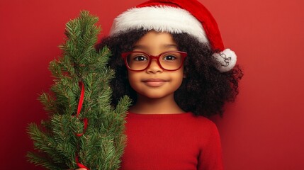 Festive portrait of a young girl with curly hair wearing a Santa hat and red glasses, holding a small Christmas tree against a vibrant red background.