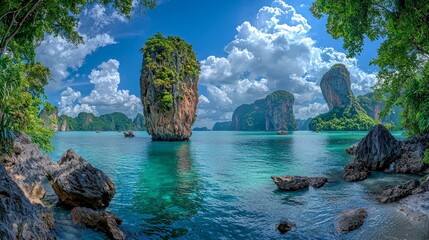 Obraz premium A beautiful blue ocean with a rocky shoreline and a mountain in the background