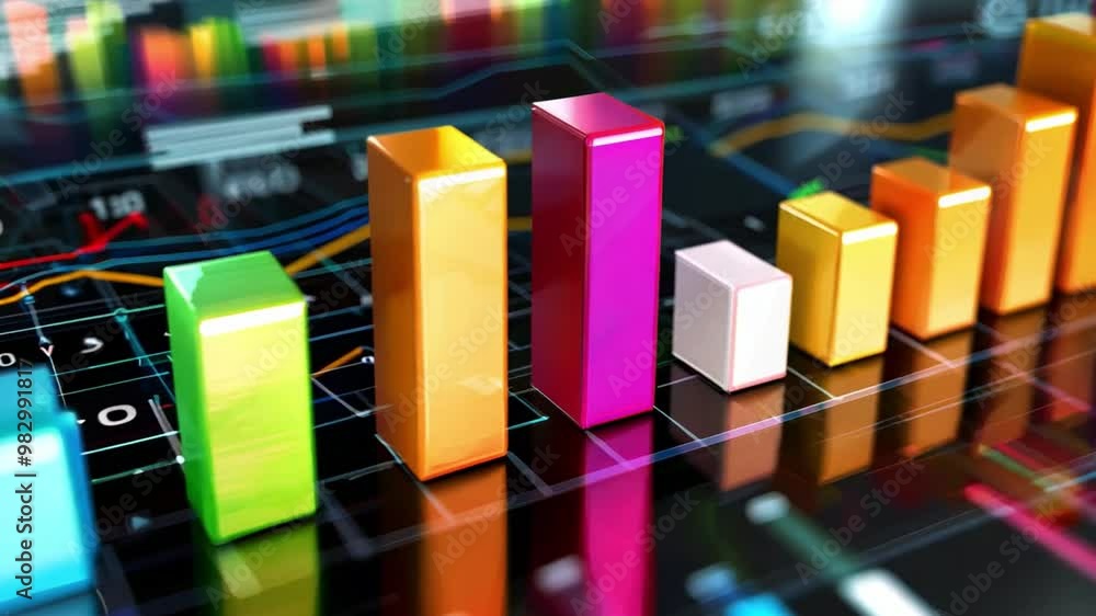Aufkleber A vibrant bar chart illustrates different data trends with colorful vertical bars of varying heights against a sleek, digital backdrop, conveying insightful information.