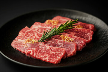 Sliced wagyu marbled beef for yakiniku on plate on black background.