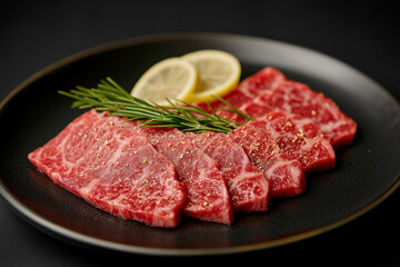 Sliced wagyu marbled beef for yakiniku on plate on black background.