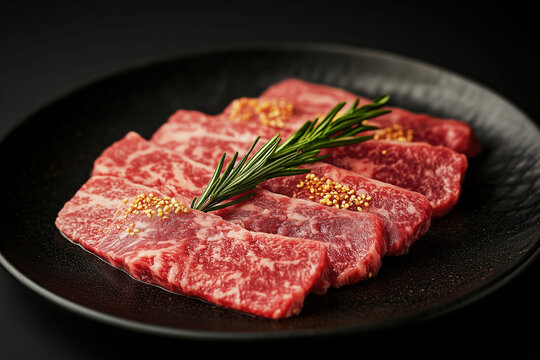 Sliced wagyu marbled beef for yakiniku on plate on black background.