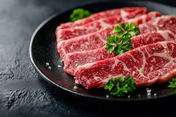 Sliced wagyu marbled beef for yakiniku on plate on black background.