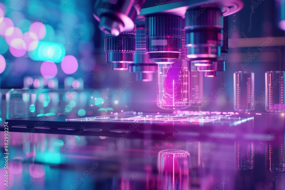Aufkleber a vibrant macro shot of a microscope examining a glowing circuit board, showcasing advanced technolo