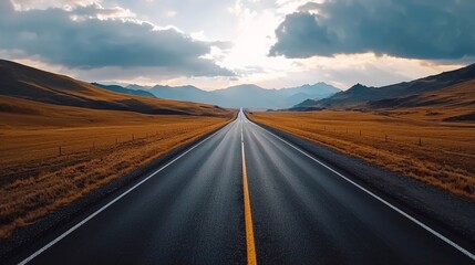 Endless road stretching into the horizon under a vast sky, flanked by barren fields and distant mountains