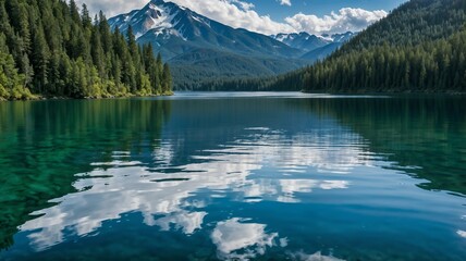 Illustration of a landscape featuring a serene mountain lake surrounded by lush green forests and towering snow-capped peaks.