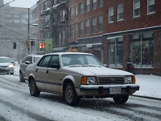 Naklejka premium Beige Sedan Car Driving in Winter Snow