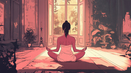 relaxed woman performing meditation yoga indoor of a classical old room breathing fresh air indoor panorama landscape digital painting illustration of a beautiful lady girl from her back