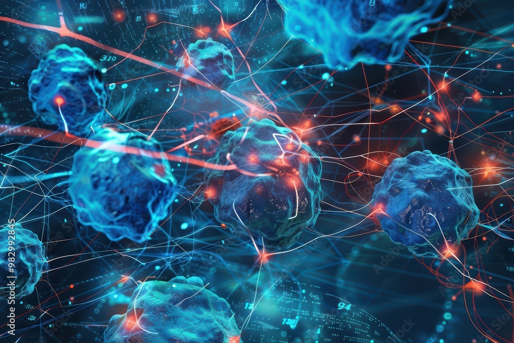 Poster abstract representation of cellular networks showcasing connections and interactions between cells w