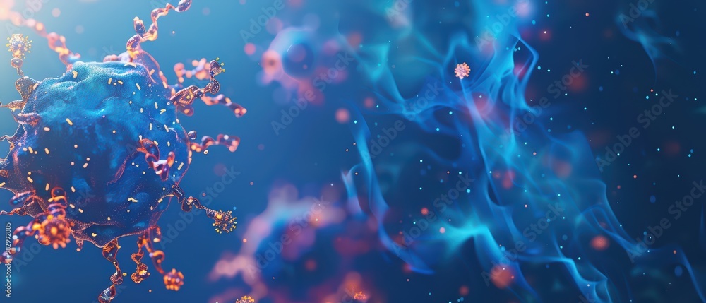 Poster abstract representation of a virus with vibrant colors and intricate details set against a blurred b