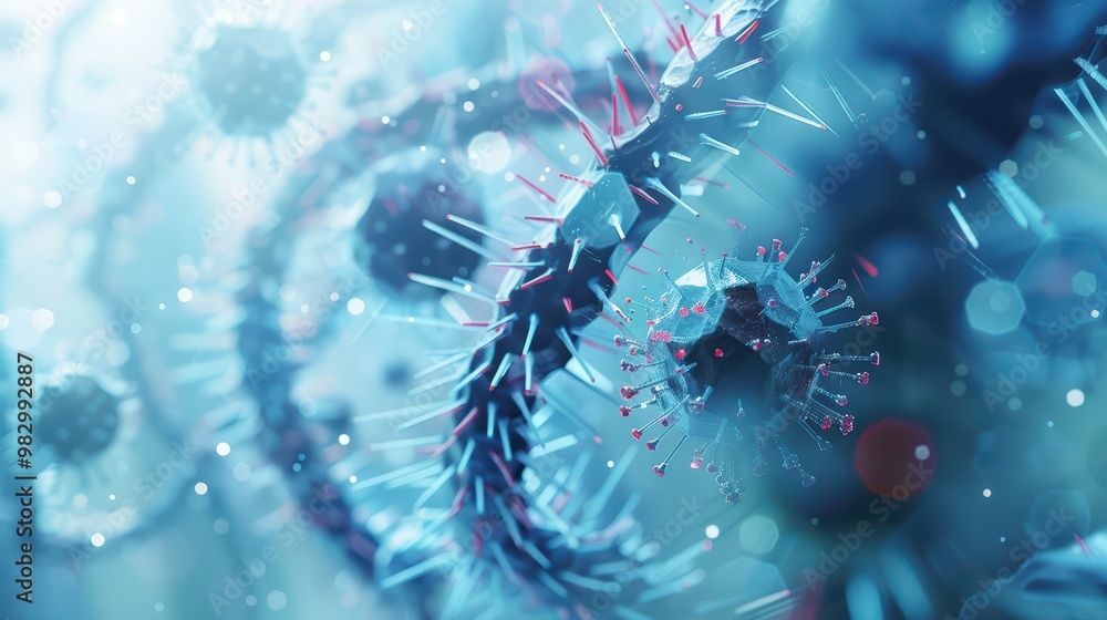 Poster abstract representation of viruses in a microscopic environment, showcasing vibrant details and comp
