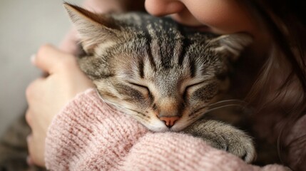 Cat Comfortably Cuddling with Owner
