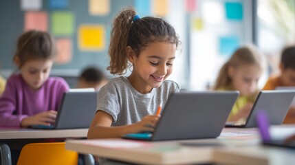 Smiling girl working on a laptop among classmates in a modern classroom.