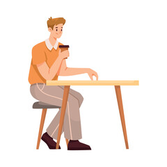 Man Office Staff Character at Workplace Sit at Table Drink Coffee Vector Illustration