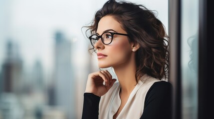 Fototapeta premium A young woman with curly hair and glasses thoughtfully gazes out of a window at a cityscape, suggesting contemplation and urban lifestyle.