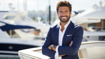 A confident man in a navy blue suit, smiling while standing on a luxurious yacht, radiating success and a taste for the finer things in life.