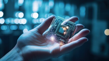 A hand gently cradles a glowing microchip in a dimly lit, high-tech environment, symbolizing innovation and technological advancement.