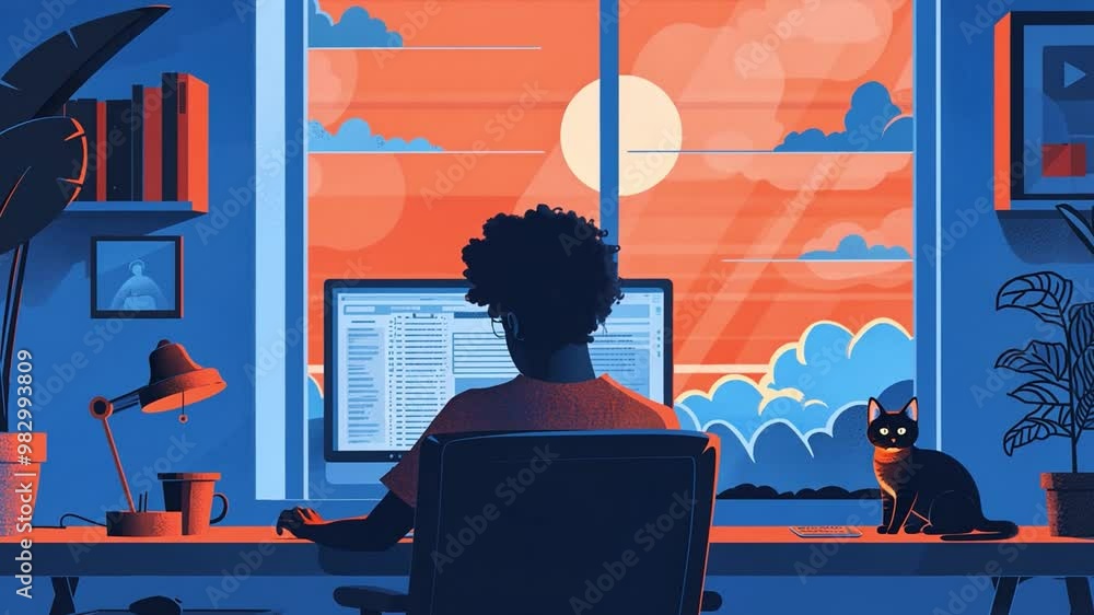 Poster a person sits at a desk in a cozy workspace, focused on their computer as the sun sets outside, cast