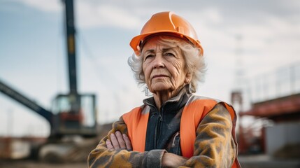 An elderly woman in construction gear stands proudly at a worksite, with a backdrop of machinery and unfinished structures, exuding strength and experience.