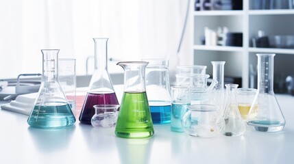 A variety of colorful chemical-filled glassware sits on a laboratory table, illuminated by soft daylight from a nearby window.