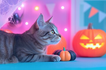Spooky Cat Halloween Decor: A cute tabby cat sits amidst a festive Halloween backdrop, illuminated by pink and purple string lights. Pumpkins, a spiderweb, and a spooky atmosphere 