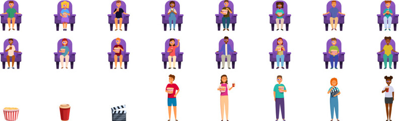 Kids cinema icons set. People enjoying their time spent at the cinema, watching a movie, eating popcorn and drinking soda