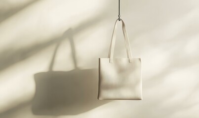 A plain white tote bag hangs on a hook.