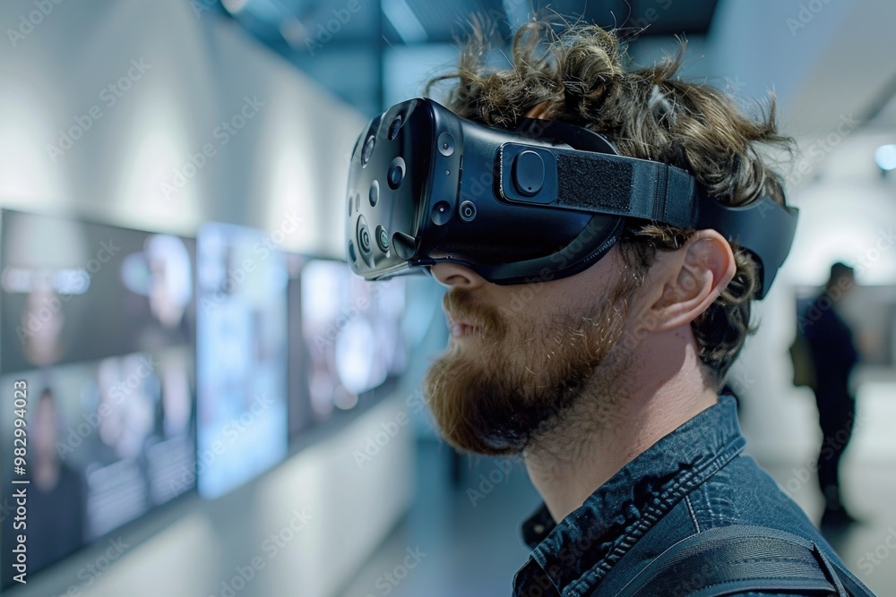 Poster man using vr headset in futuristic technology lab for augmented reality experience