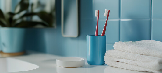 A blue toothbrush holder with two toothbrushes inside, placed on the bathroom counter