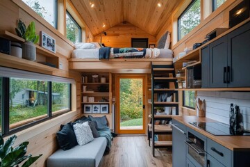 Fototapeta premium Interior of a tiny home with a loft bed, open shelving, and large windows letting in natural light, creating a sense of spaciousness in a small space