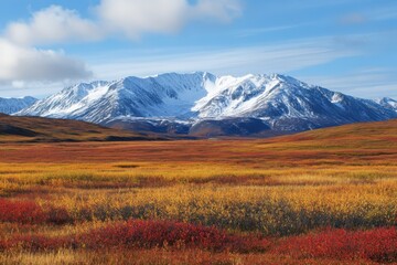 Fototapeta premium Tundra Landscape: Autumn Color on Alaskan Tundra with Snowy Mountains