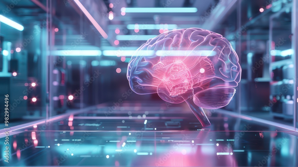 Poster futuristic representation of a brain glowing in a high-tech environment, symbolizing artificial inte