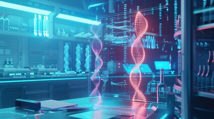 Naklejka premium Futuristic laboratory scene featuring holographic DNA structures and advanced technology, representing innovation in science and research.