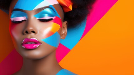 A striking portrait of a woman with vibrant, geometric face paint set against a colorful abstract background, symbolizing creativity and boldness.