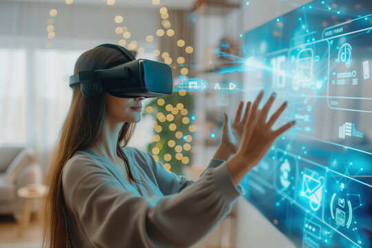 A woman wearing a VR headset interacts with a detailed holographic interface in a modern living room, highlighting advanced augmented reality and spatial computing technology. 