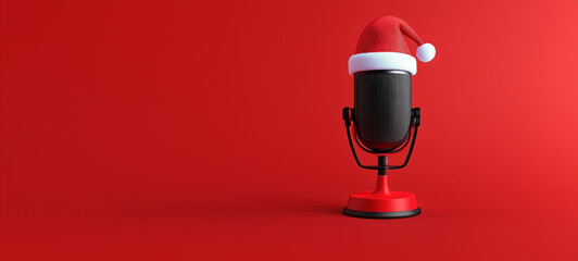 Minimalist red background with a microphone wearing a Santa hat