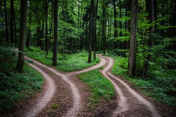 Fototapeta premium Two Paths. Decision Time in Nature: Trail or Road, Hiking in the Woods