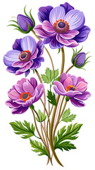 Elegant Purple Anemone Flower Illustration - Stunning Floral Art with Vibrant Petals and Green Leaves, Ideal for Decor and Designs, Anemone Vector Illustration, Vector Flower Illustration
